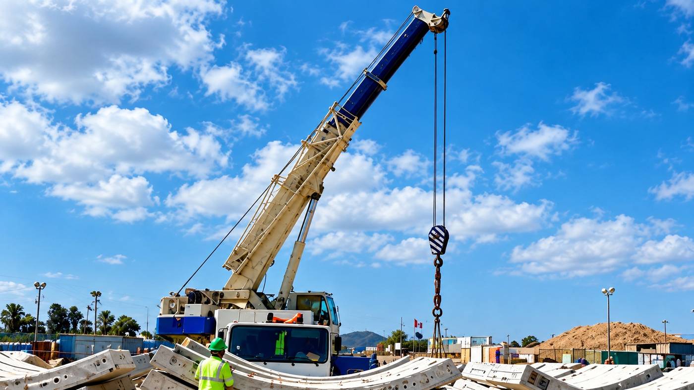 Grúa hidráulica telescópica sobre camión izando dovelas de concreto en obra